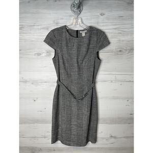 H&M Dress Womens XS Gray Glen Plaid Sheath Cap Sleeve Belted Work Office Stretch